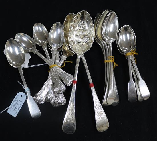 A quantity of Kings, Old English and Fiddle pattern spoons, Georgian and later, and a pair of plated berry spoons